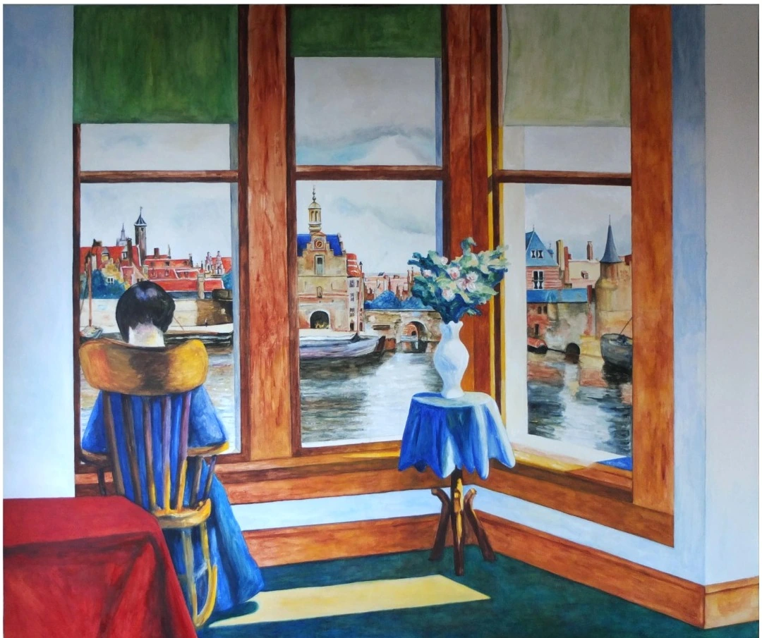 Peinture récente associant une figure intérieure et une vue de ville
